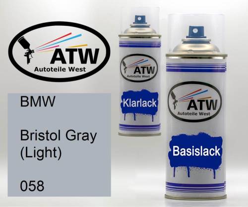 BMW, Bristol Gray (Light), 058: 400ml Sprühdose + 400ml Klarlack - Set, von ATW Autoteile West.